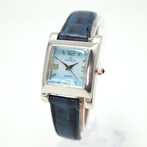 Minicci Womens Silver Tank Watch 24mm Ice Blue Dial Leather Strap w New Battery